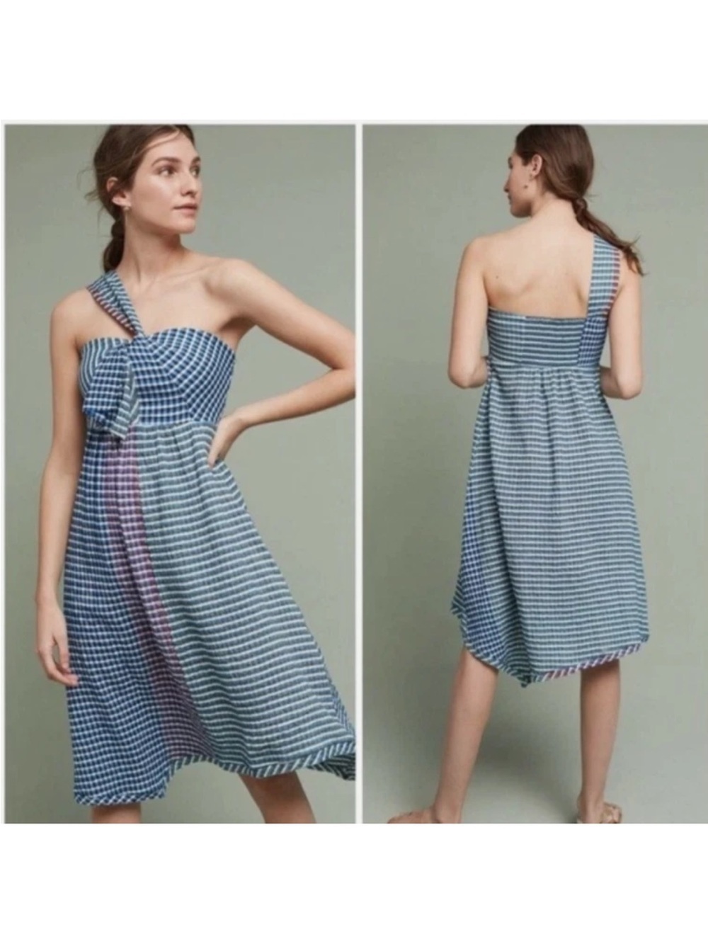 Anthropologie Sz 4 Waverly One Shoulder Plaid Gingham Asymmetrical Dress